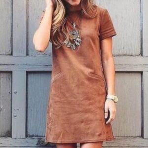 WAYF tan faux Suede mini shift dress